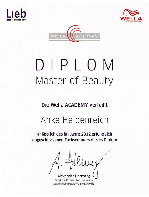Diplom Wella Master of Beauty von Anke Heidenreich